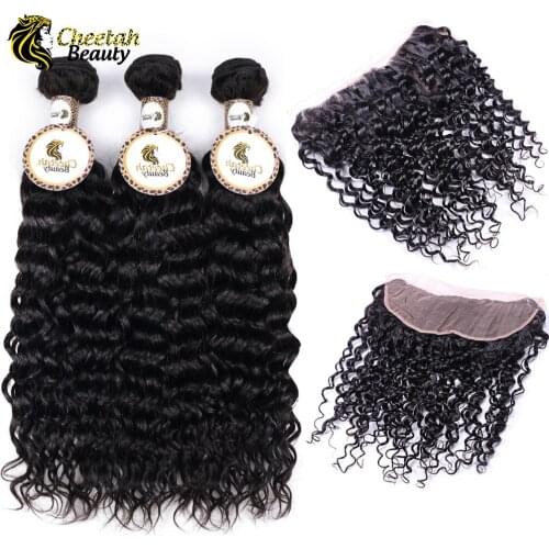 Cheetah Beauty Water Wave 3 Bundles With Frontal Brazilian Human Hair Weave 3 Bundles Remy Lace Frontal Closure With Bundles