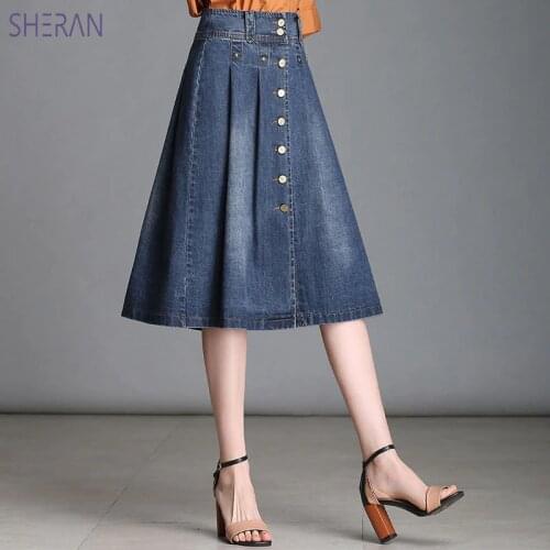 SHERAN 2018 Summer Denim Skirt Women A-line Blue Jean Skirts Knee Length Female High Waist Button Umbrella Skirts Jupe Femme
