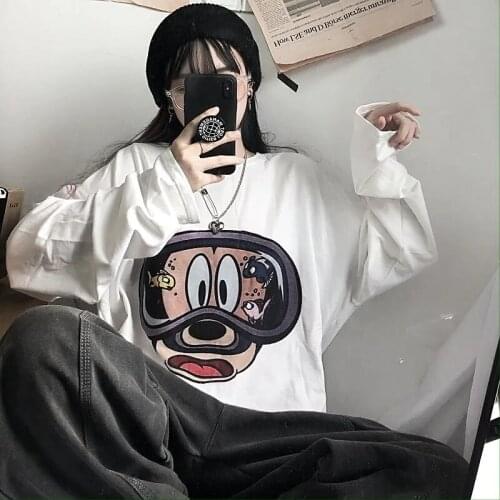 Autumn New Long Sleeved T-shirts Female Korean Loose Lazy Harajuku Anime Pattern Spring Women Loose Oversized T Shirt Tops Tees