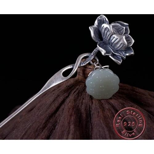 Amxiu Vintage 925 Sterling Silver Hairpin Natural Stone Lotus Flower Hair Sticks Jewelry For Women Mothers Day Gift Accessories
