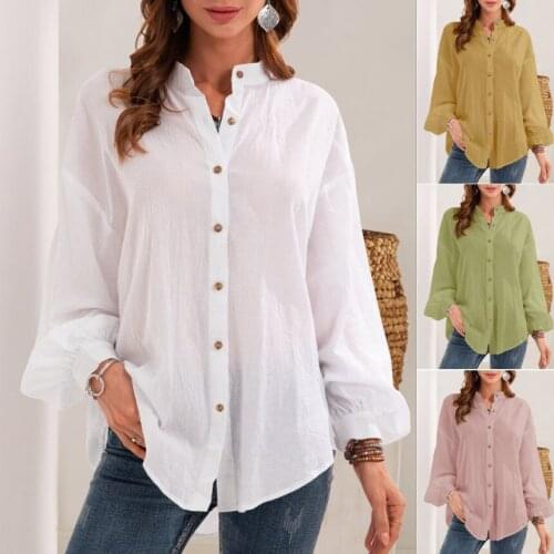 Women T-Shirts Autumn 2021 Cotton Linen Full Sleeve Puff Casual Loose Style Solid Color Comfort Streetwear Female Blouse C2893