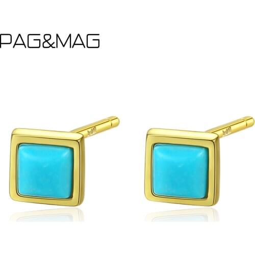 PAG&MAG Vintage Square Turquoise Stud Earrings Real 925 Sterling Silver Earrings For Women Jewelry pendientes mujer