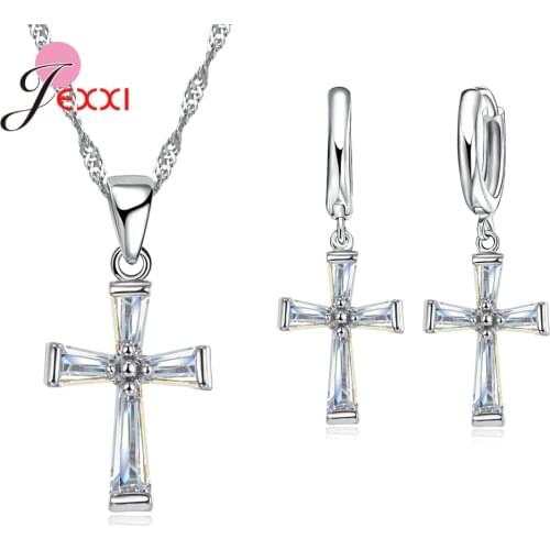 Trendy 925 Sterling Silver Cubic Zirconia Cross Pendant Drop Earrings Necklace Women Wedding Anniversary Jewelry Sets