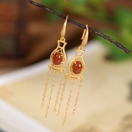 Uglyless Gold Chains Tassel Vintage Dress Earrings Women Natural Agate Vases Earrings Hollow Bottles Exotic Brincos 925 Silver