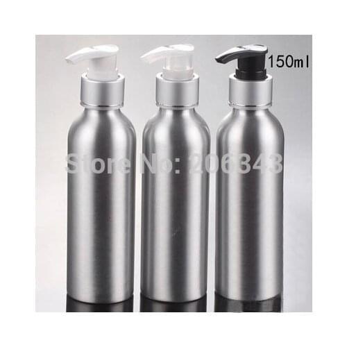 100pcs 150ml Aluminium bottle with silver press pump for oil/essence/lotion/emulsion/shampoo cosmetic packing