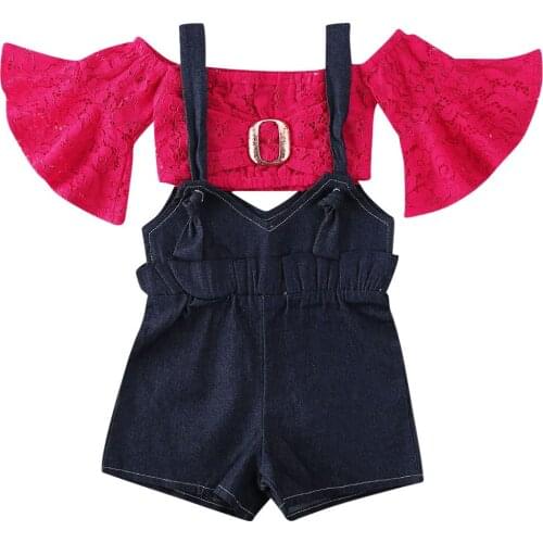 2020 Summer Toddler Baby Girl Clothes Sets Floral Lace Flare Sleeve Top T-Shirt Bib Jeans Pants 2PCS Outfits 1-6Y