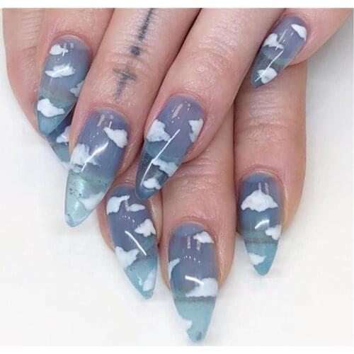 24Pcs/Set Blue Sky White Cloud Pattern Design False Nail French Stiletto Full Cover Fake Nails Glue DIY Manicure Nail Art Tools