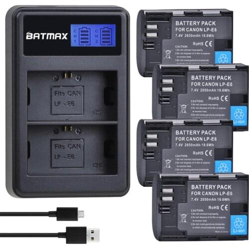 Batmax 2650mAh LP-E6 LPE6 E6 Battery+ LCD Dual USB Charger for Canon EOS 5DS R 5D Mark II 5D Mark III 6D 7D 80D 90D EOS 5DS R