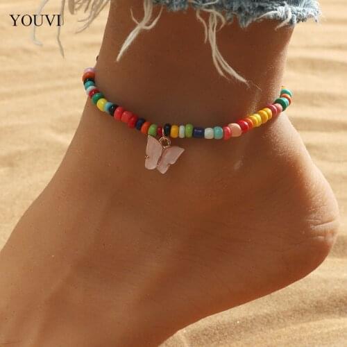 YOUVI Bohemia Colorful Natural Beads Chain Anklet for Women Butterfly Pedant Bracelet on the Leg Jewelry Beach accessories