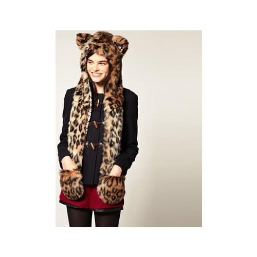 Europe and United States Furry Hat scarf glove Faux Fur Hat Cap one animal plush Leopard Hat