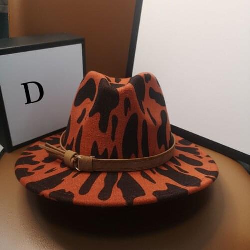 HT269 Vintage cow pattern Felt Wide Brim Bowler Fedora Hat Floppy Women Cap with belt decor Jazz gorra Round Caps Bowler Hats