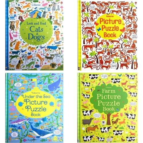 4 books/set Usborne children English picture puzzle book labyrinth maze books kids educational look&find cats dogs sea farm