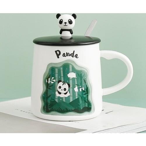 Panda Coffee Mug with Cover Spoon Creative Three-dimensional Embossed Cartoon Water Cup Milk Ceramic Cup Drinkware