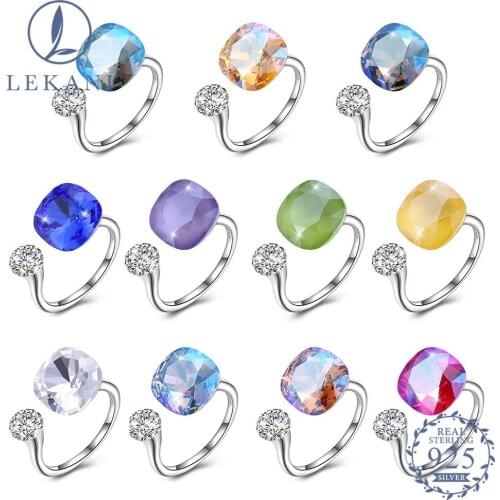 LEKANI S925 Sterling Silver Ring For Women Austria Crystal Fashion Opening Squre Varied Colors Fine Jewelry Party Gift 2021