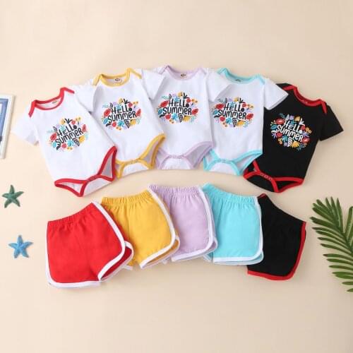Newborn baby suit 2PCS summer new short-sleeved fashion letter multi-color printing romper + shorts men and women baby clothes