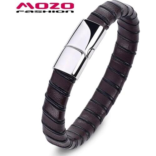 MOZO Fashion New Mens Braided Leather Rope Stainless Steel Magnetic Buckle Bracelets & Bangles Jewelry Gift PS2022Z