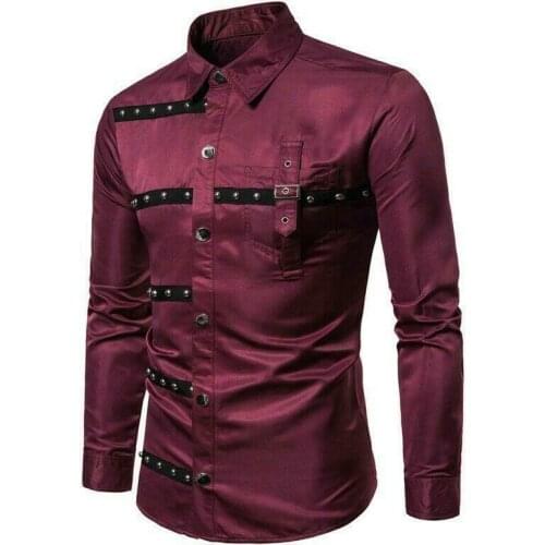 Mens Gothic Style Rivet Shirt Punk Long Sleeve Tops Blouses Slim Fit Buckle