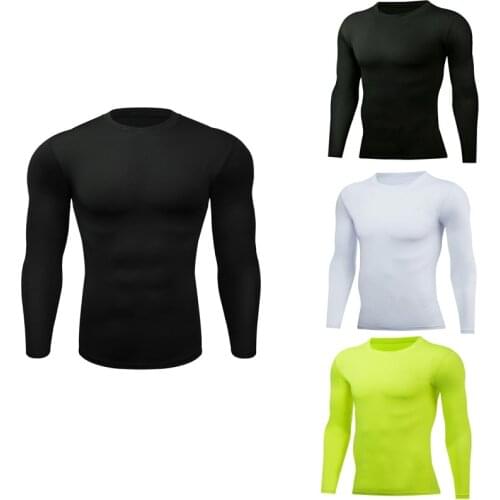Men Elastic Tights Sportswear Quick Dry Long Sleeve White Fluorescent Green Black Mens Training Tshirt Gym Musculation 017