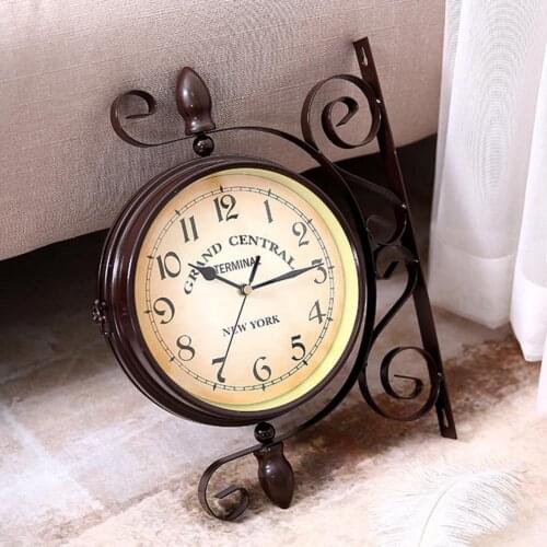 Retro Double Side Rotating Wall Clock Metal Hanging Clock Outdoor /Home/Garden Decor European Clock Gift Wall Mounted+Bracket