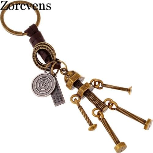Modyle 2020 New Punk Vintage Men Robot Keychain Copper Alloy Genuine Leather Key Chains Hand Made