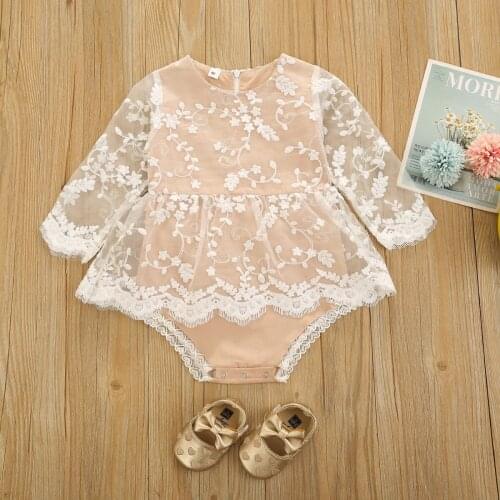 2021 Autumn New Infant Baby Girl’S Fashion Long-Sleeved Fresh Solid Color Lace Stitching Dress Triangle Romper Sweet Outfits