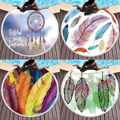New round beach towel retro feather dream catcher beach towel microfiber