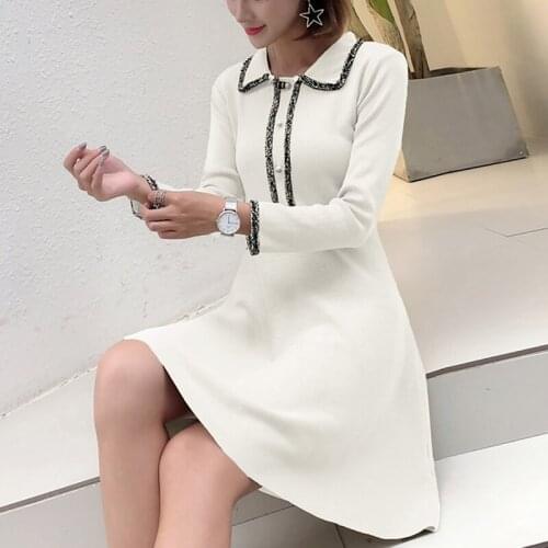 2021 Autumn Elegant Knittied Dress Polo Slim Women Long Sleeve Mini Dress Office Lady Party Korean One-piece Dress Casual Solid