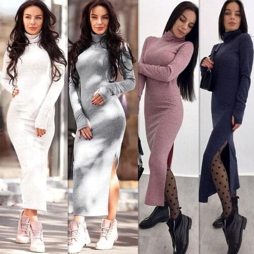 Autumn Winter Female Clothing Knitted High-necked Long Dress Warm Festival Pink Dress Bodycon Dress Split Bottoming Dresses 5XL