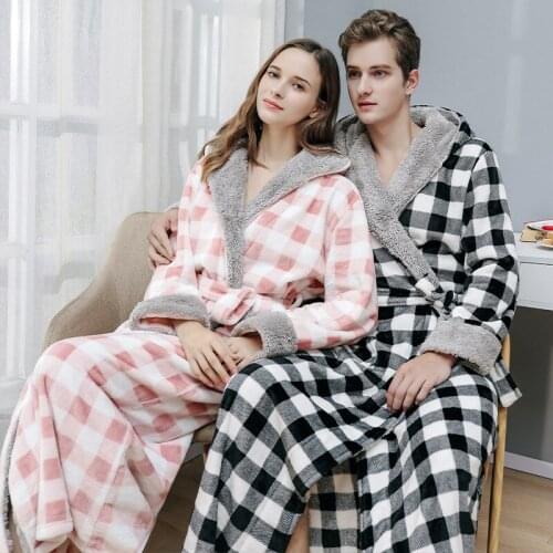 Thick Warm Couple Style Hooded Flannel Robe Winter Home Dressing Gown Bathrobe Sexy Plaid Women Men Nightgown Lounge Sleepwear