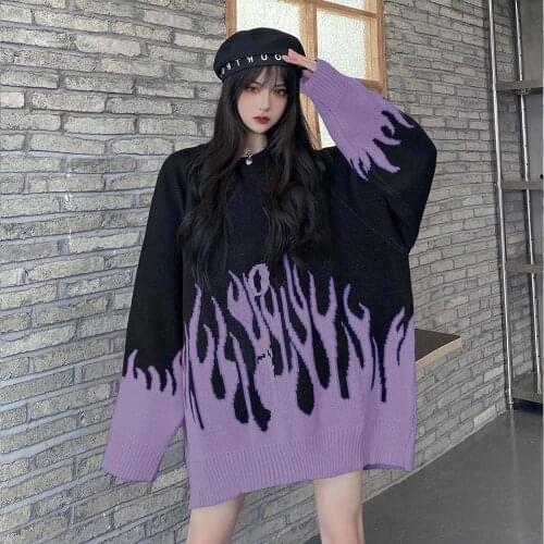 Autumn Winter Harajuku Flame Knitting Batwing Sleeve Sweater Casual Long Women Tide Printed Sweater Loose Boyfriend Pullovers