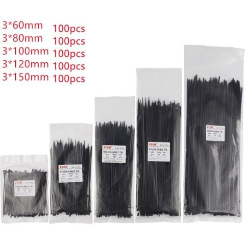 Self-Locking Nylon Cable Ties Set Width 3 x60/80/100/120/150mm Assorted Black Plastic Zip Loop Wire Wrap 500pcs