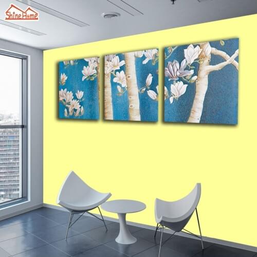 ShineHome-3pc Wall Canvas Painting Triptych Picture Birch Wood Flower Blossom Nature Prints for Living Room Cafe Decorative