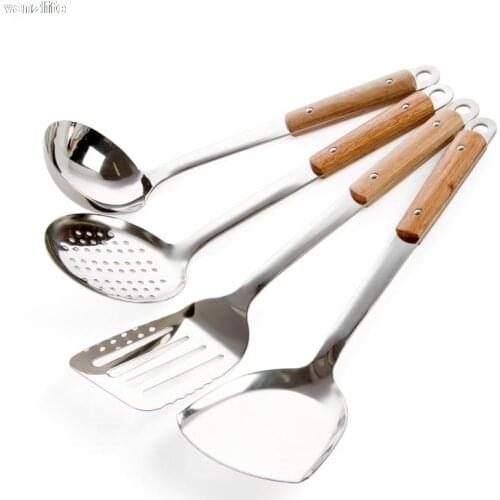 Vanzlilfe Wooden spatula colander kitchen handle stainless steel kitchen utensils and hot pot soup spoon spoon stir fry a shovel