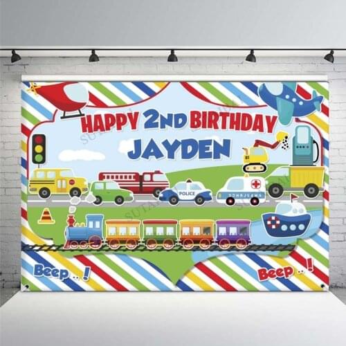 Vinyl Train Cars Vehicle Theme Photography Backdrop Hot Air Balloon Boys Birthday Backdrop Photo Studio Party Decorations Banner