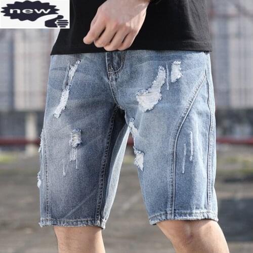Vintage Denim Shorts Men Loose Casual Straight Knee-Length Pants Hole Ripped Washed Light Blue Short Jeans Plus Size 28-42