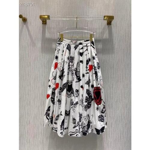 2021 New Runway Designer Autumn Midi Skirt Womens Elegant Flower Print Bohemian Pleated Cotton Skirt Female