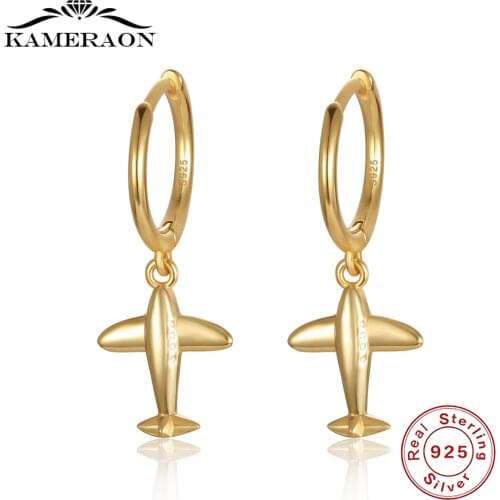 S925 Sterling SIlver Earrings Airplane Aircraft Shape Gold Color Hoop Earrings for Women Cute Mini Circle Earrings Fine Jewelry