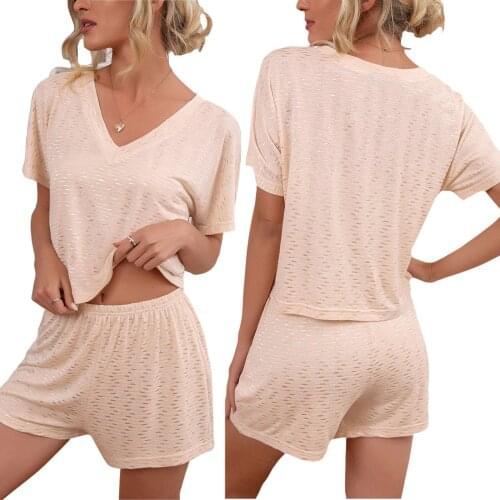 Women 2PCS Nightwear Set Short Sleeve V-neck Loose Tops + Elastic Waist Shorts Female Summer Solid Dot Pajama S/ M/ L/ XL