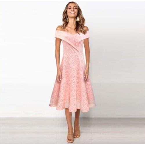 Pink Elegant Midi Lace Dress Summer Strapless Off Shoulder Sexy Vintage Women Dresses A Line Deep V Neck Evening Party Vestidos
