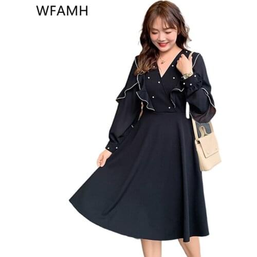 2021 summer new style large size mid-length western-style black high-waisted thin A-line ruffled beaded V-neck womens dress