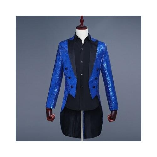 Freeship 100%real mens royal blue short/long full sequins tuxedo jacket/event/studio/sing/stage performance/dance/jacket