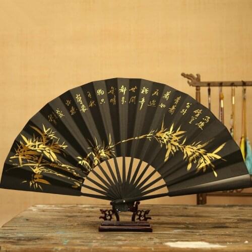 10 inch Chinese style big fan handmade bamboo black hand-painted retro folding fan wedding decoration gift fan with fan box