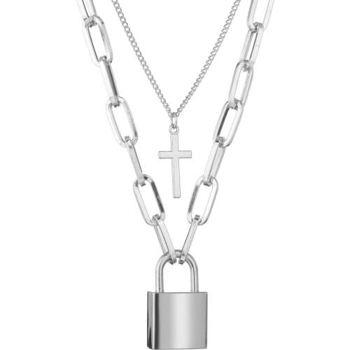 2020 Fashion Silver Color Metal Chain Cross Padlock Necklace Couple Hip Hop Punk Geometric Pendant Necklaces for Women Men