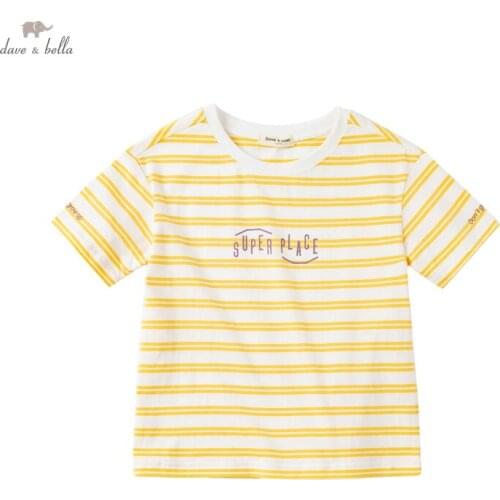 DKY17848 dave bella summer 5Y-13Y kids boys fashion cartoon striped letter T-shirt children boy high quality fashion tees