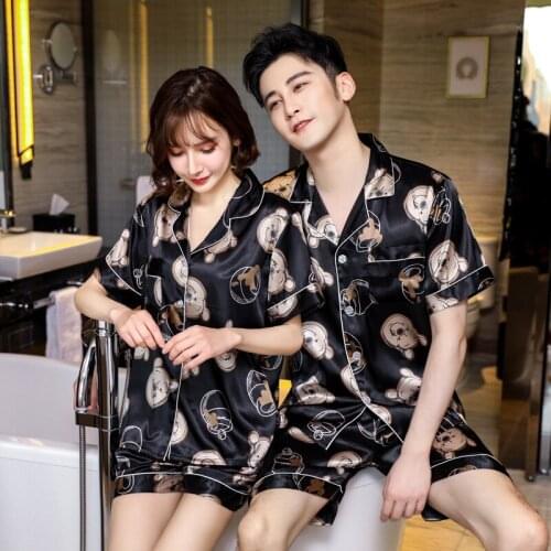 Cut Print Bear Home Wear Sweet Couple Satin Pajama Pijamas Set Oversize 3XL Lovers Sleepwear Nightwear Ice Silk Nighty Pyjamas