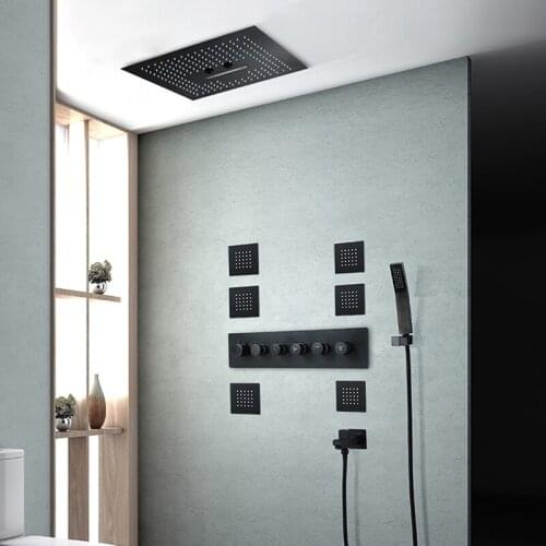 Bathroom Independent Built-in Shower Head Set 400*400mm Black Color 3 Water Modes Recessed Shower Systems Thermostatic