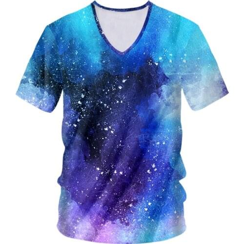 UJWI Men Undershirt Cool Print Star 3d TShirt Blue colorful starry sky T-Shirt Homme Hip Hop Short Sleeve V Neck Tshirt Harajuku