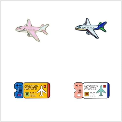 HOSENG 4Pcs Cartoon Plane Ticket Metal Brooch Flight Attendant Captain Dress Fashion Enamel Jewelry Pin Christmas Gift HS_241
