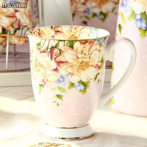 NOOLIM 300ML Bone China Ceramic Coffee Mug Cafe Floral Painting Present Creative Ceramic Tea Cup Vintage Tea Ceremony Drinkware