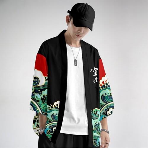 Men Black Crane Waves Print Kimono Yukata Asian Clothes Chinese Style Cardigan Jacket And Pant Suit Top Traditional Kimono Haori